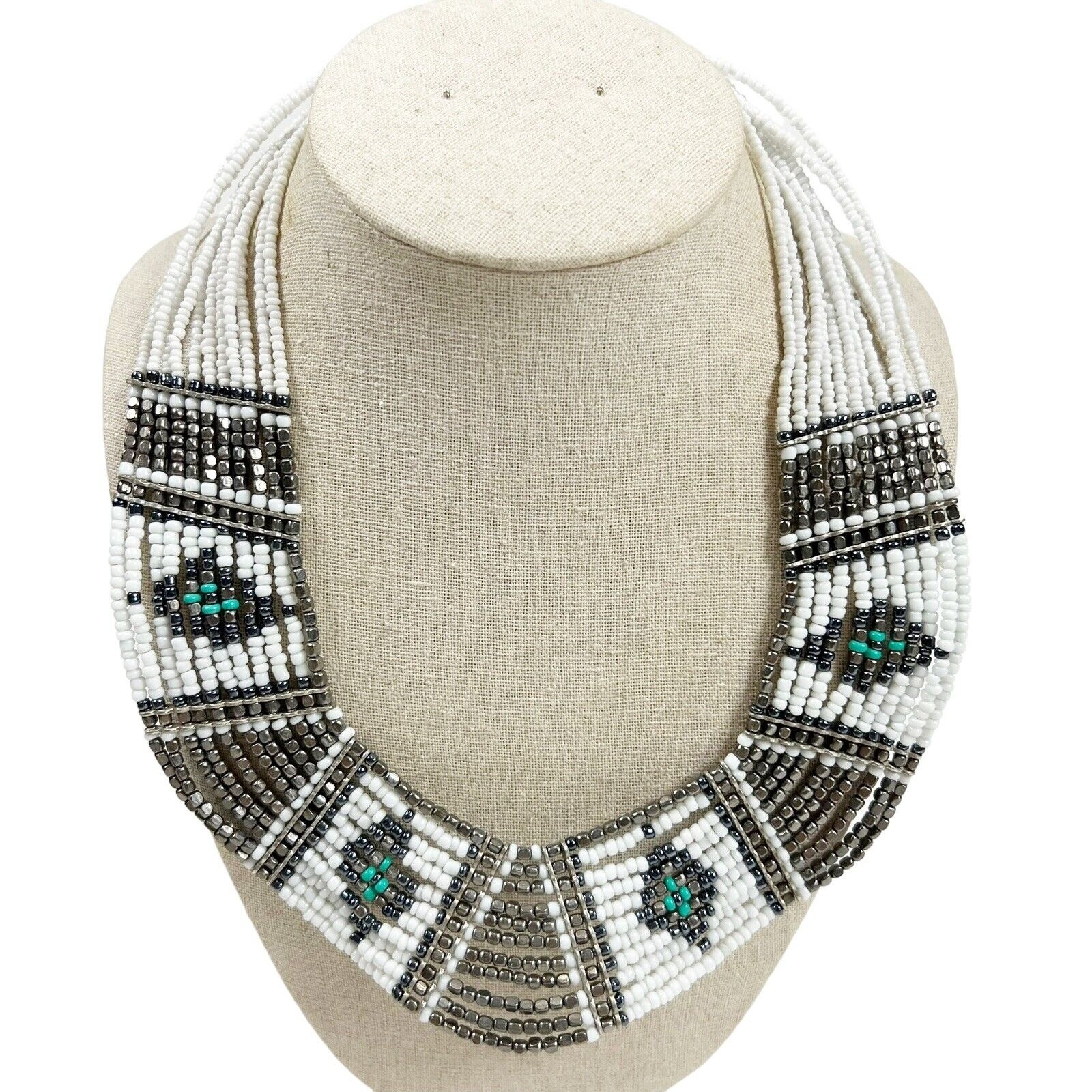Vintage Native American Multi Beaded Wire Necklace Teal Black White